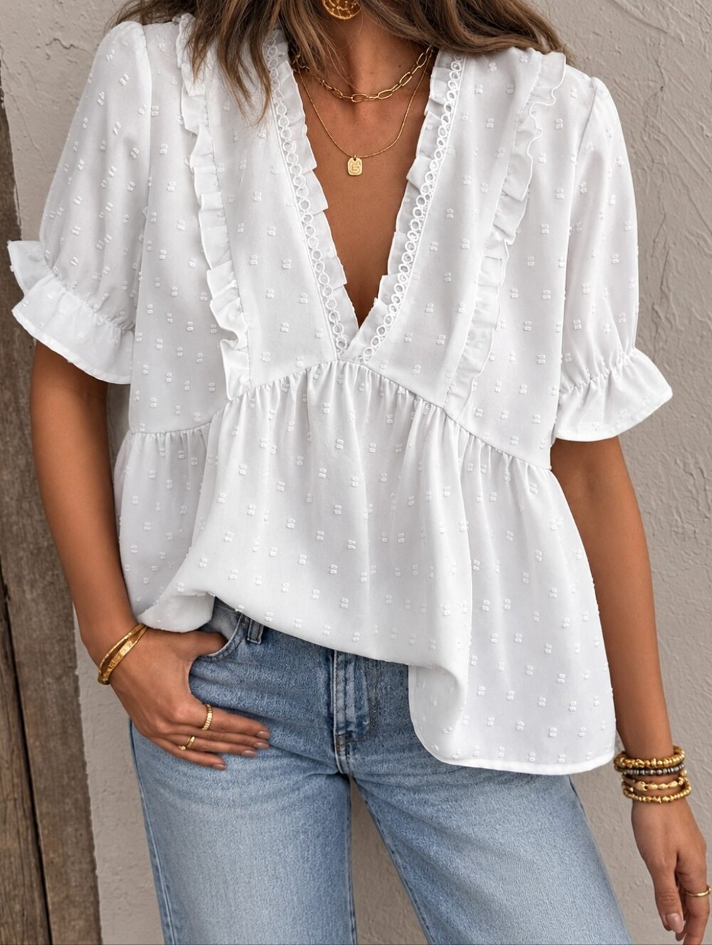 New Flowy Peplum Ruffle Top Swiss Dot White